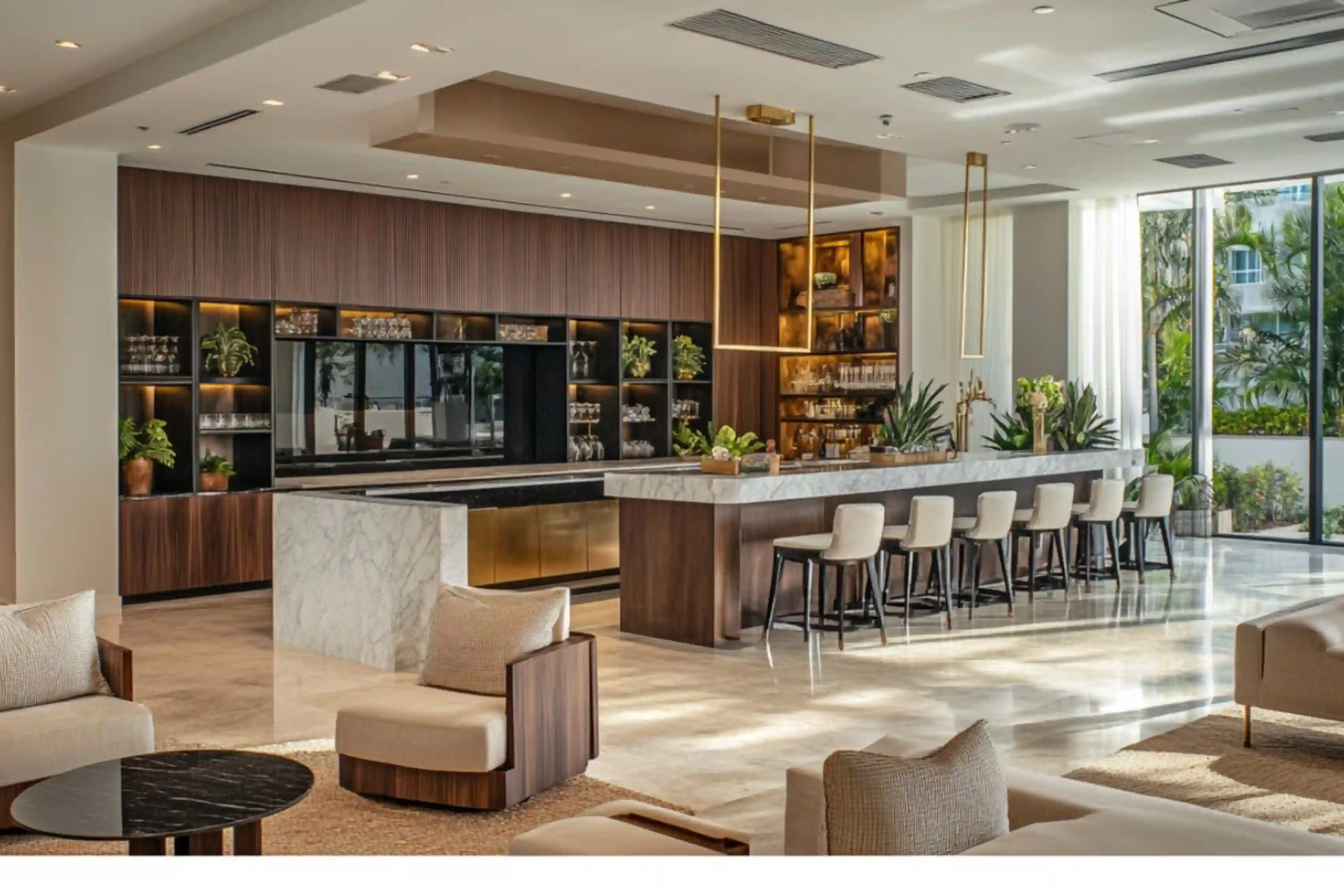 Ziggurat Corporate Project - Luxury corporate kitchen and break room with large stone island - AiSpaces.webp